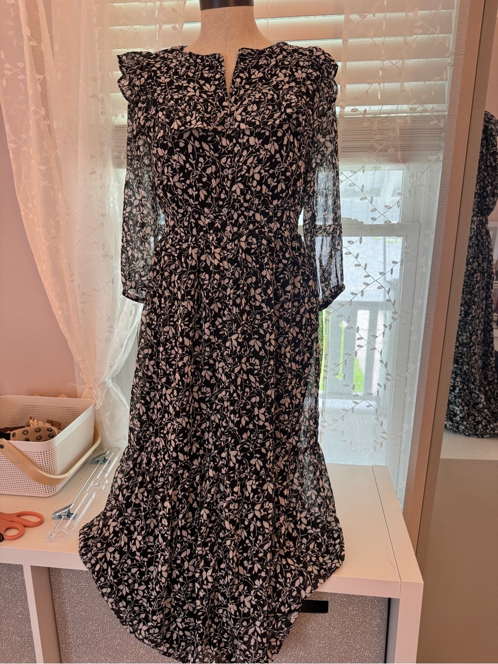 LOFT Black and White Floral Midi Dress with Sheer Sleeves